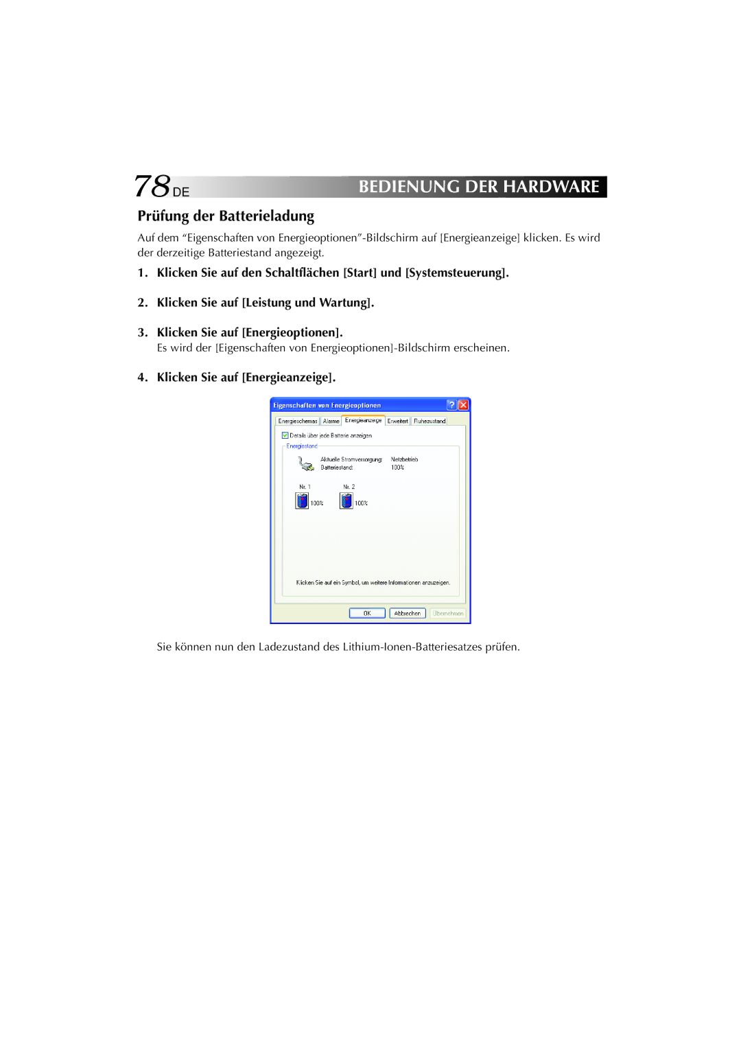 JVC MP-XP741DE service manual 78DE, Prüfung der Batterieladung, Klicken Sie auf Energieanzeige 