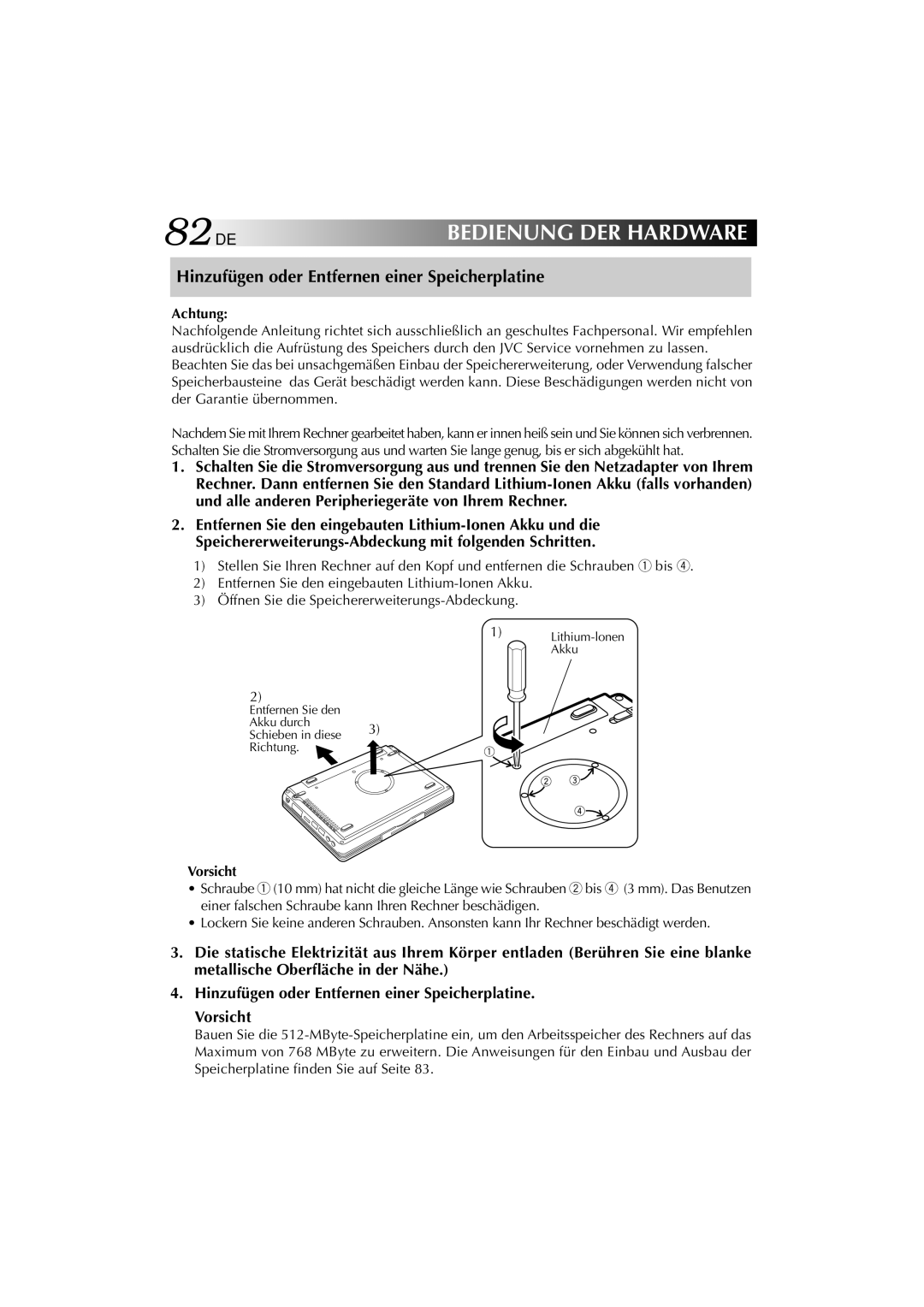 JVC MP-XP741DE service manual 82DE, Hinzufügen oder Entfernen einer Speicherplatine 