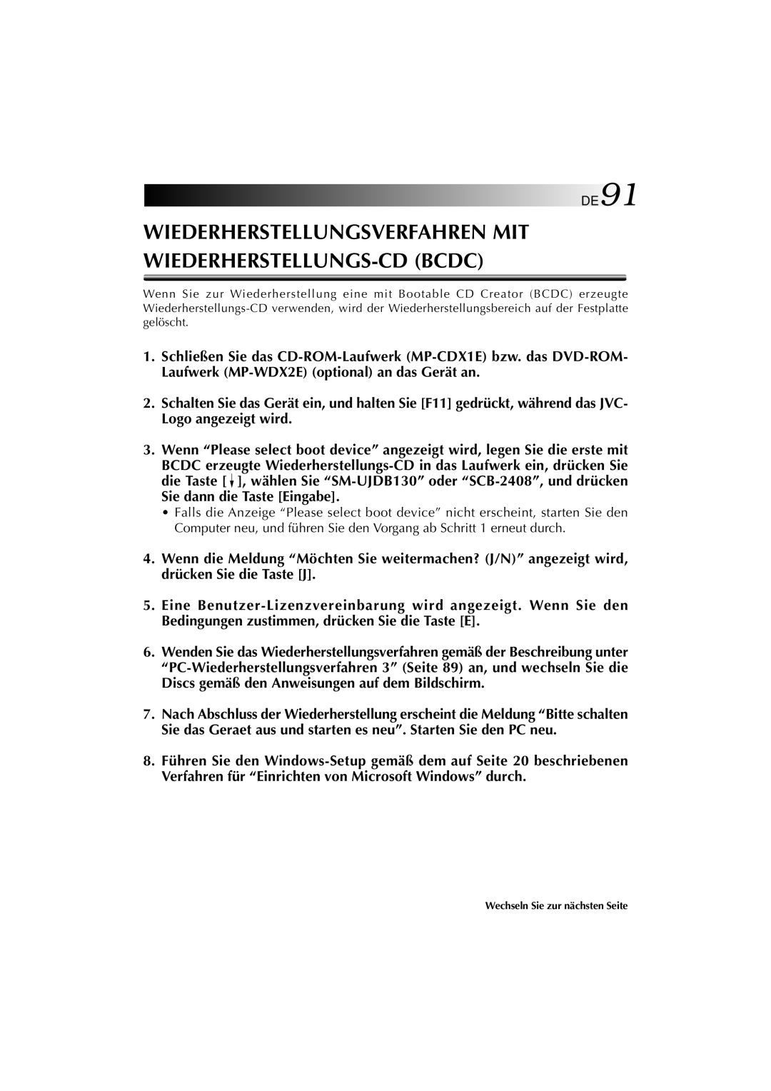 JVC MP-XP741DE service manual Wiederherstellungsverfahren MIT WIEDERHERSTELLUNGS-CD Bcdc 