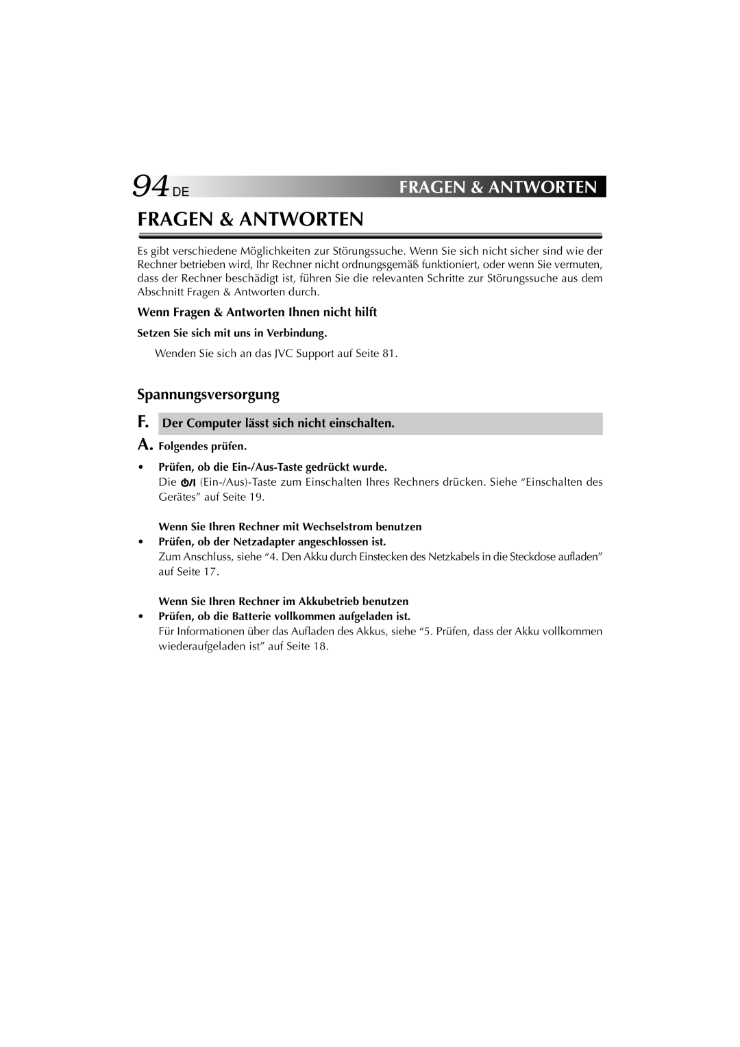 JVC MP-XP741DE 94DE, Spannungsversorgung, Wenn Fragen & Antworten Ihnen nicht hilft, Setzen Sie sich mit uns in Verbindung 