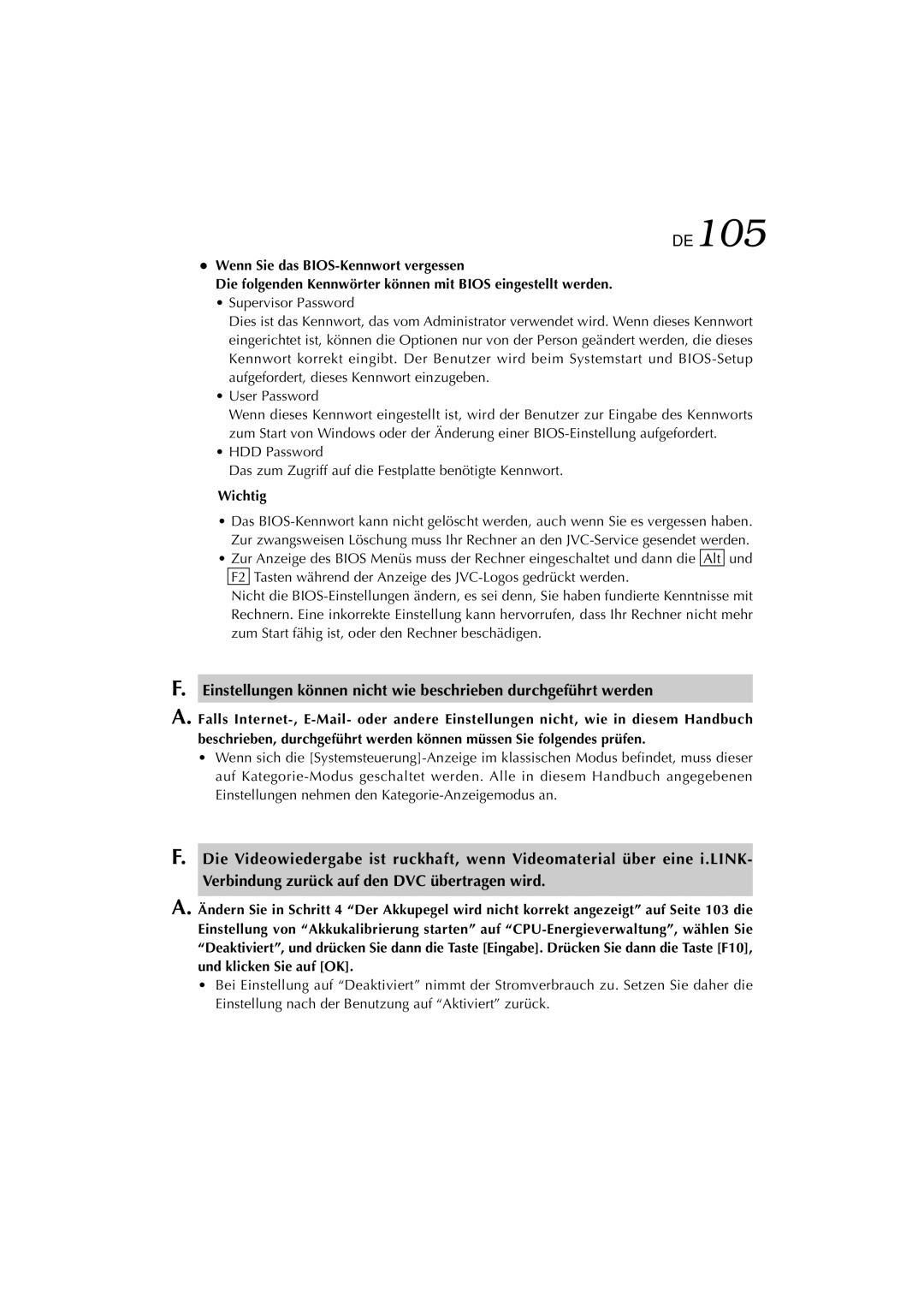 JVC MP-XP741DE service manual DE105, Wichtig 