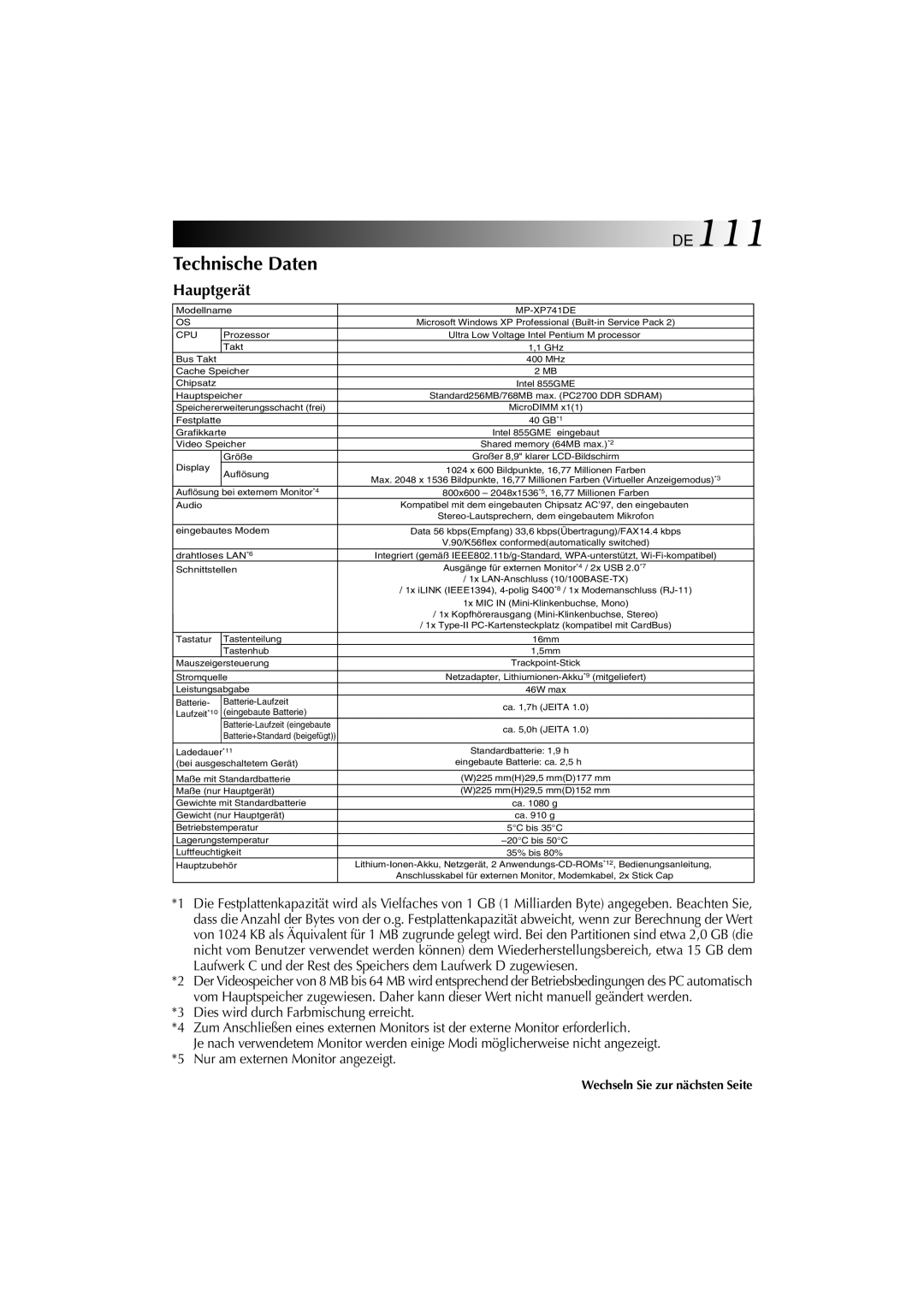 JVC MP-XP741DE service manual DE111, Technische Daten, Hauptgerät 