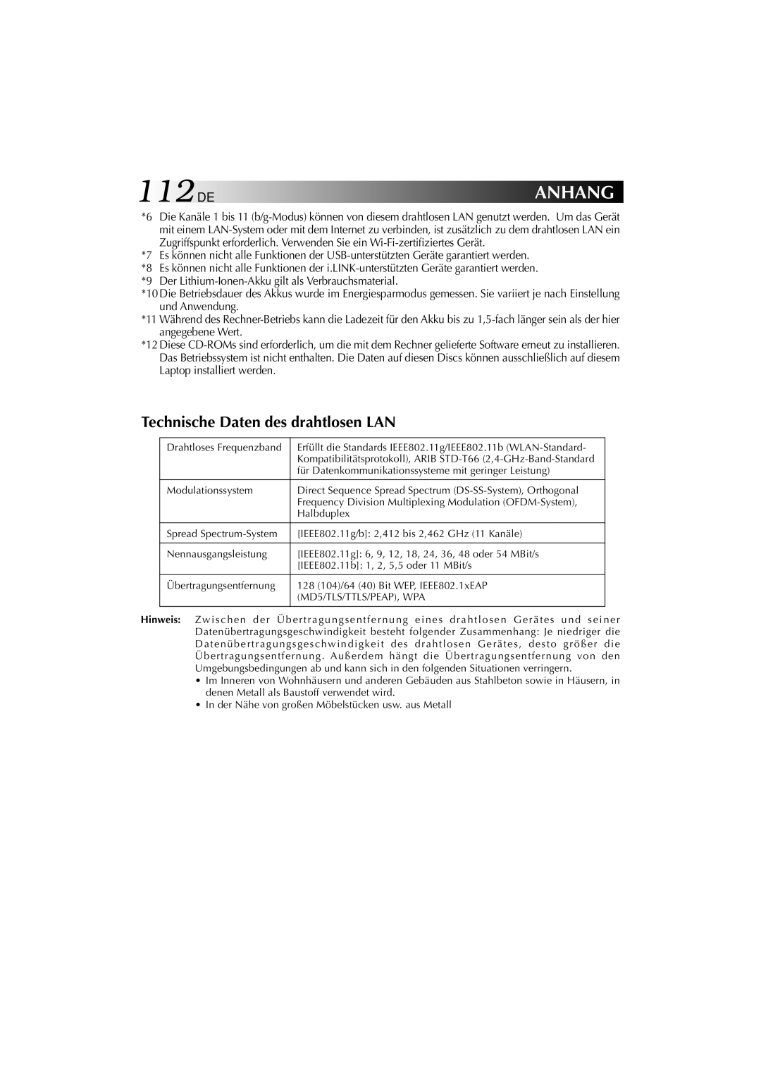 JVC MP-XP741DE service manual 112DE, Technische Daten des drahtlosen LAN 