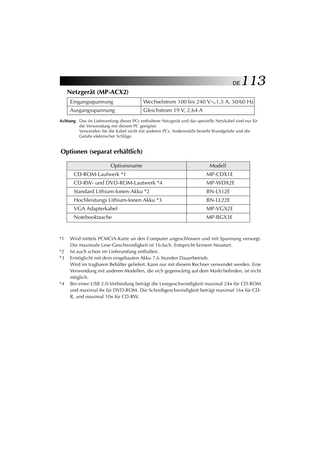 JVC MP-XP741DE service manual DE113, Netzgerät MP-ACX2, Optionen separat erhältlich 