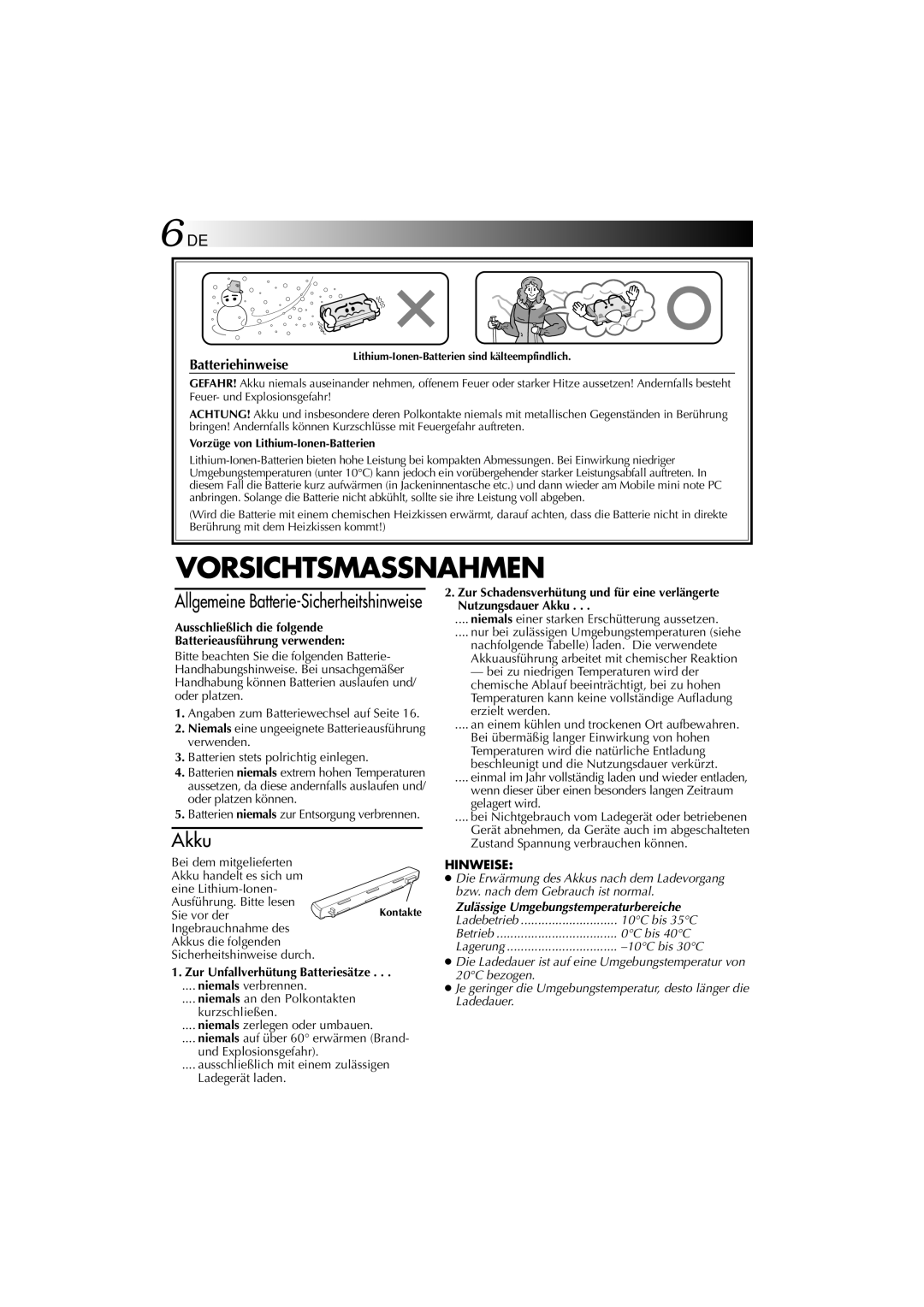 JVC MP-XP741DE service manual 6DE, Batteriehinweise 