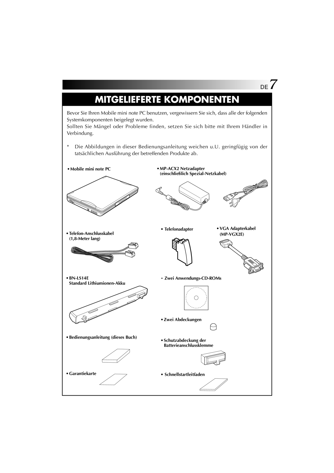 JVC MP-XP741DE service manual Mitgelieferte Komponenten 