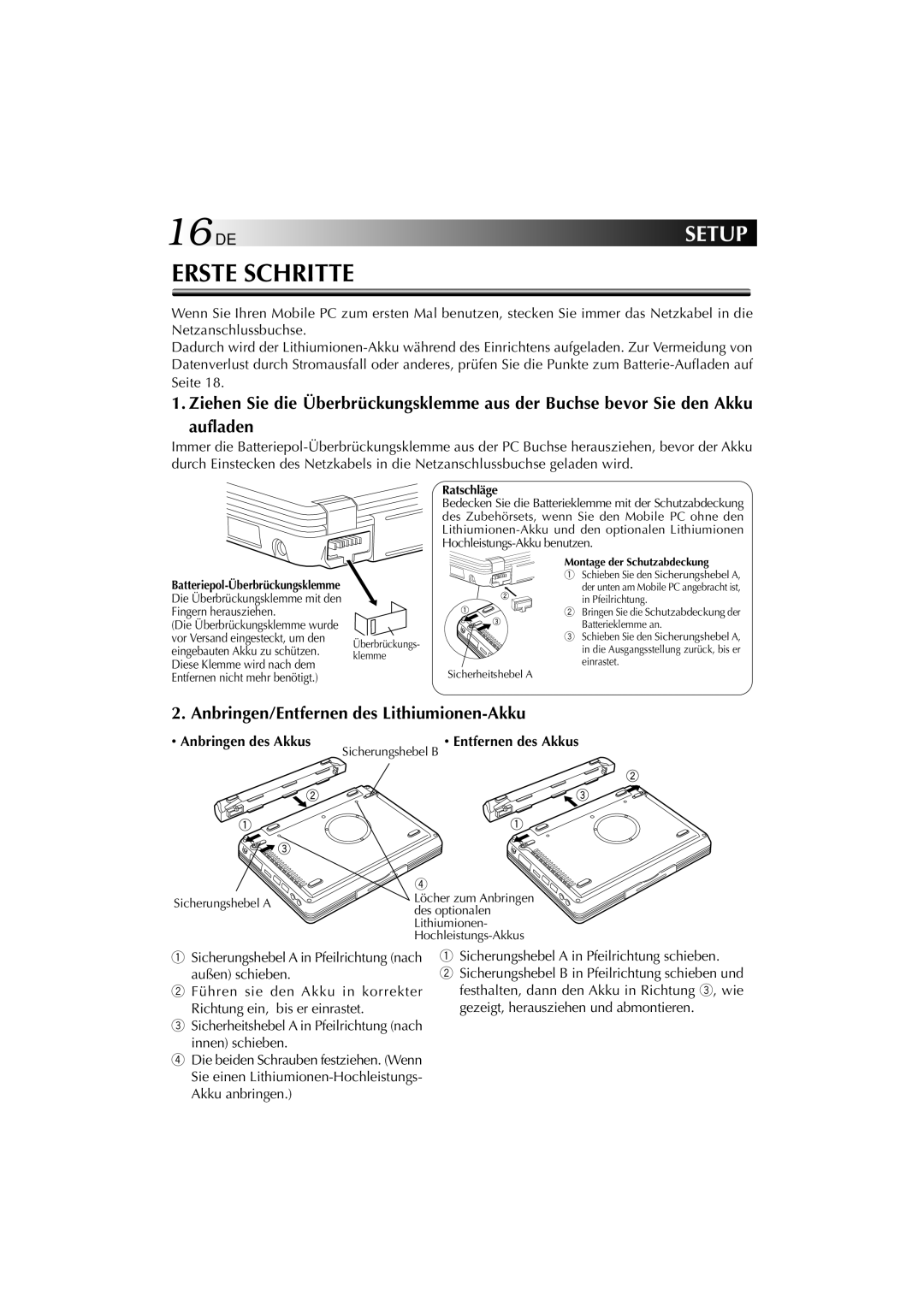 JVC MP-XP741DE service manual 16DE, Anbringen des Akkus 