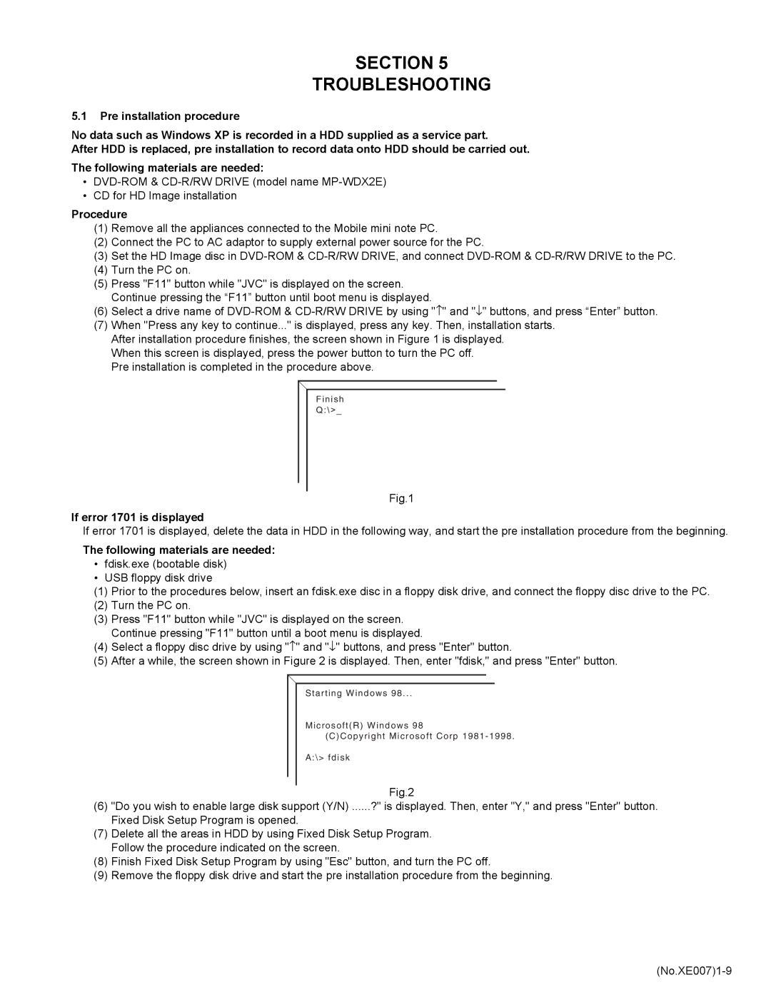 JVC MP-XP741DE service manual Procedure, If error 1701 is displayed 