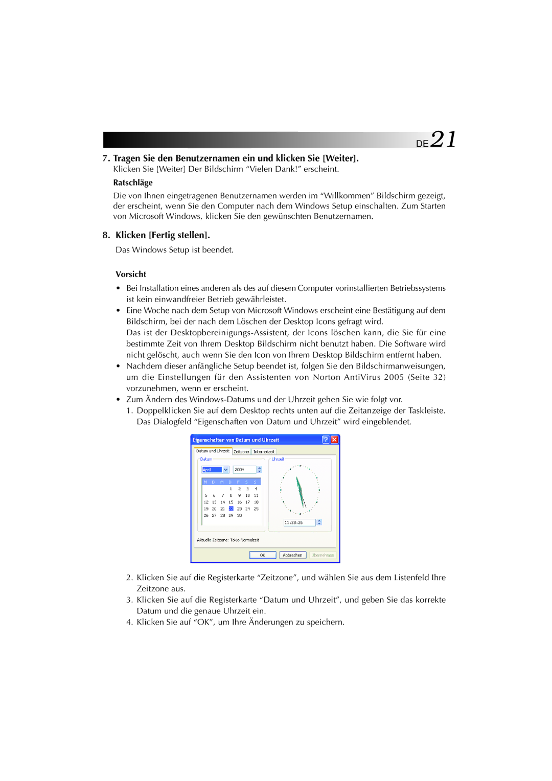 JVC MP-XP741DE service manual Tragen Sie den Benutzernamen ein und klicken Sie Weiter, Klicken Fertig stellen 