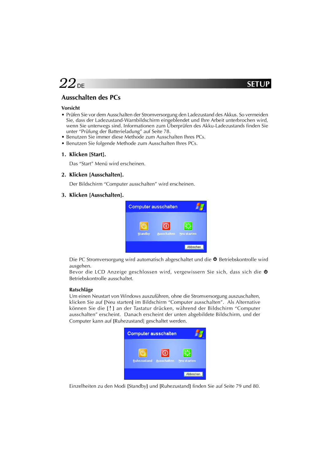 JVC MP-XP741DE service manual 22DE, Ausschalten des PCs, Klicken Start, Klicken Ausschalten 