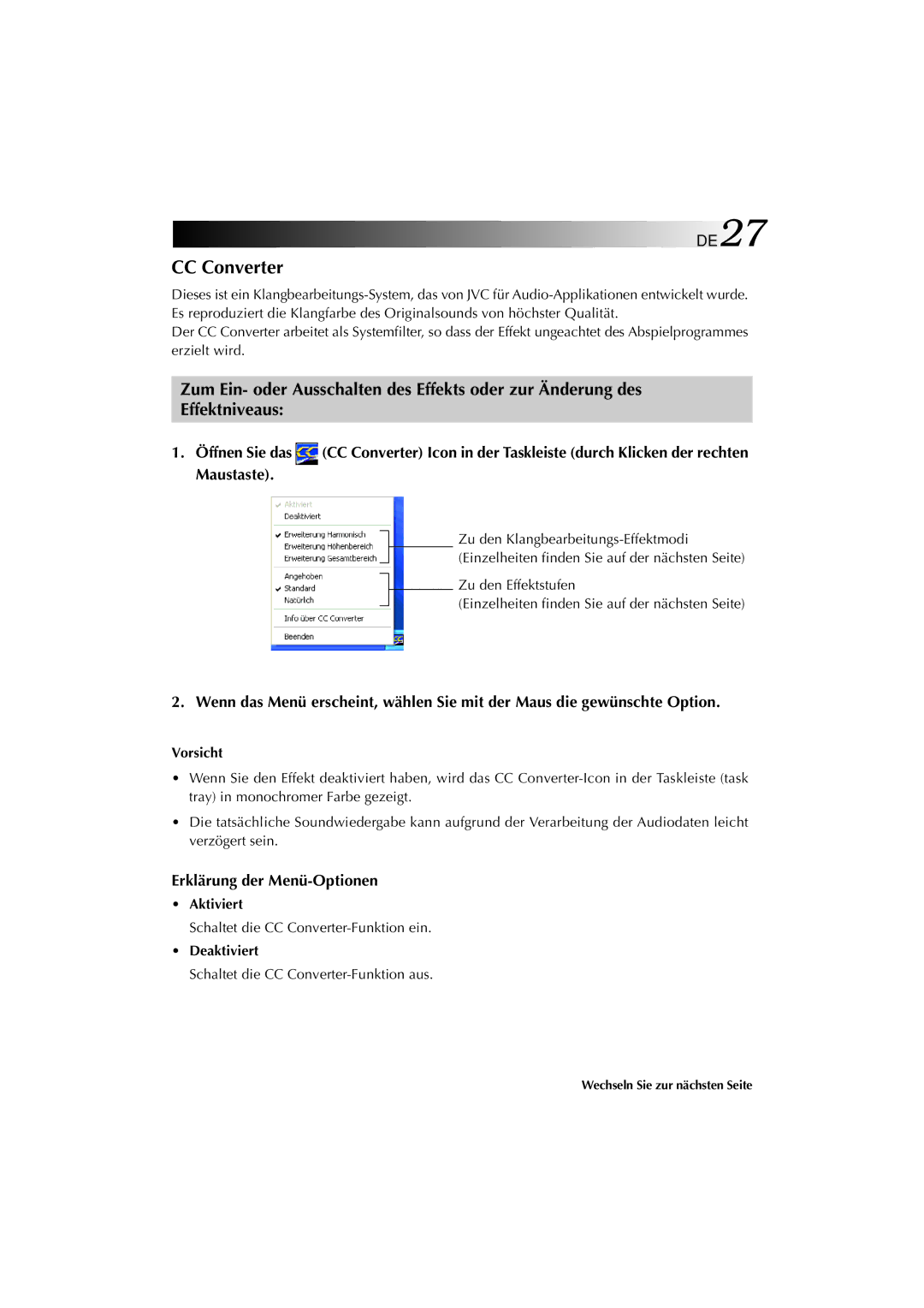 JVC MP-XP741DE service manual CC Converter, Erklärung der Menü-Optionen, Aktiviert, Deaktiviert 