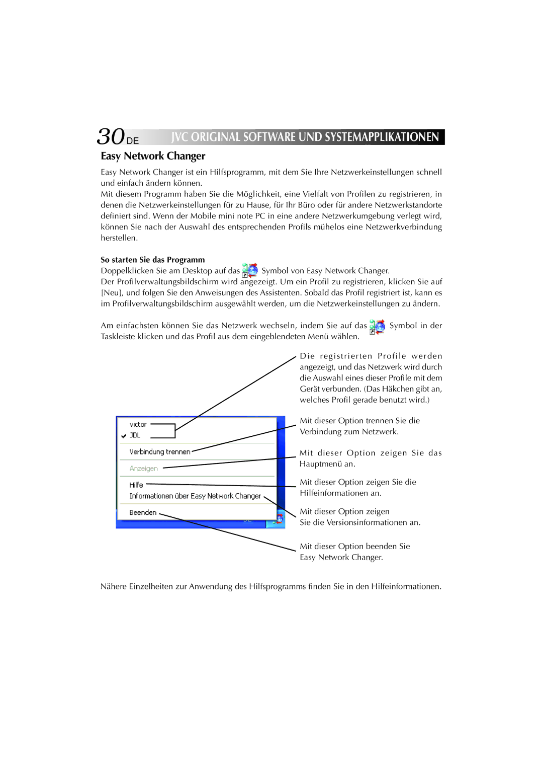 JVC MP-XP741DE service manual 30DE, Easy Network Changer, So starten Sie das Programm 