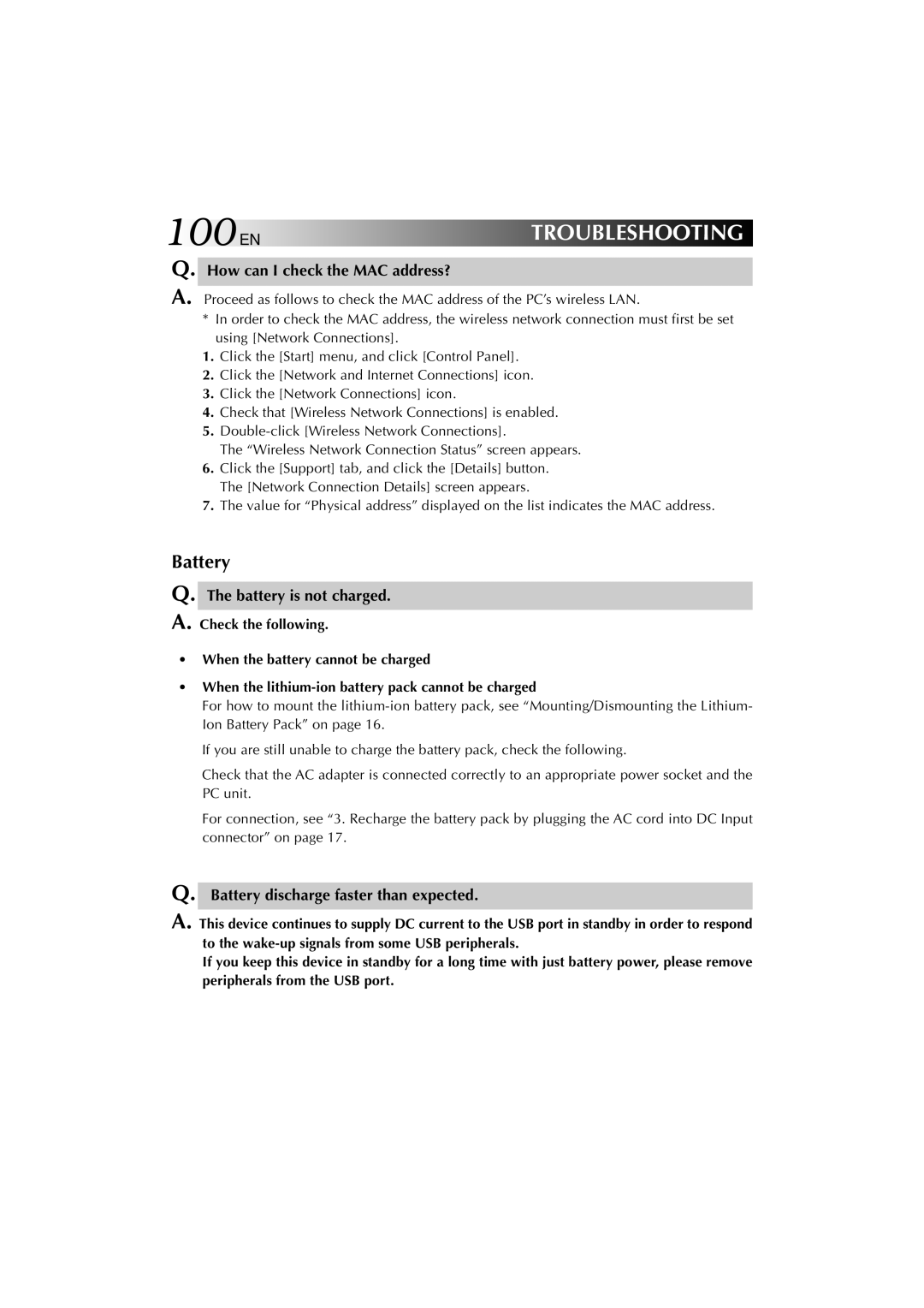 JVC MP-XV841US manual How can I check the MAC address?, Battery is not charged, Battery discharge faster than expected 