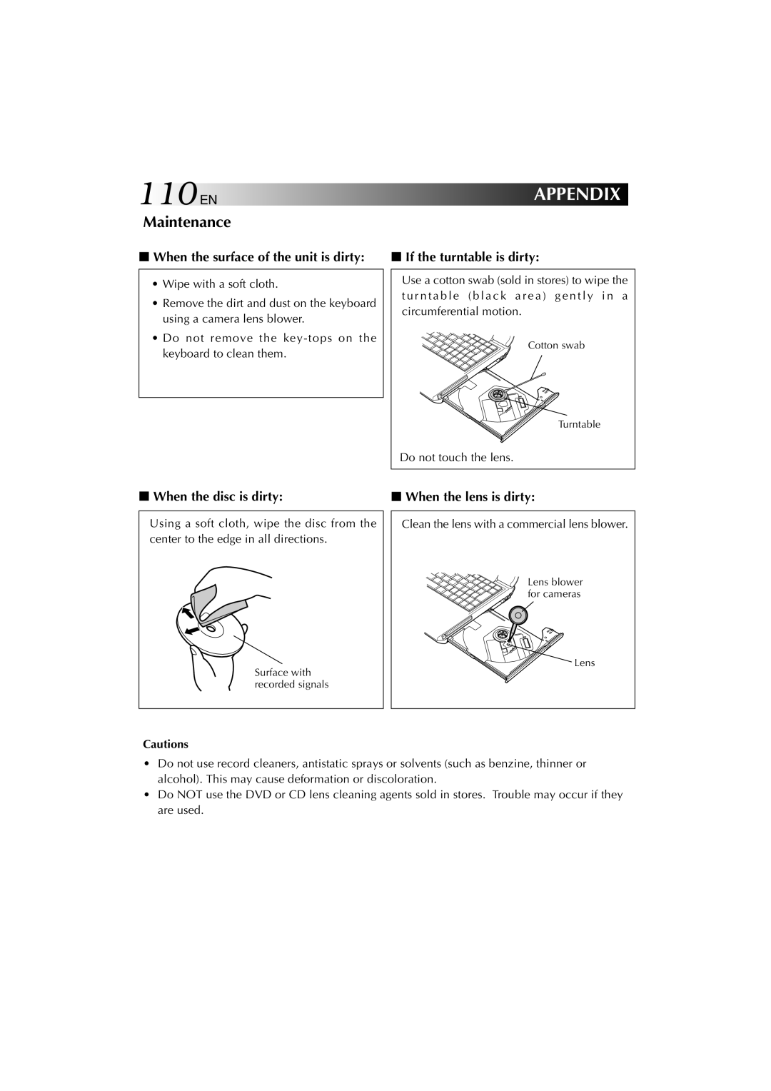 JVC MP-XV841US manual 110EN, Maintenance, When the surface of the unit is dirty, If the turntable is dirty 