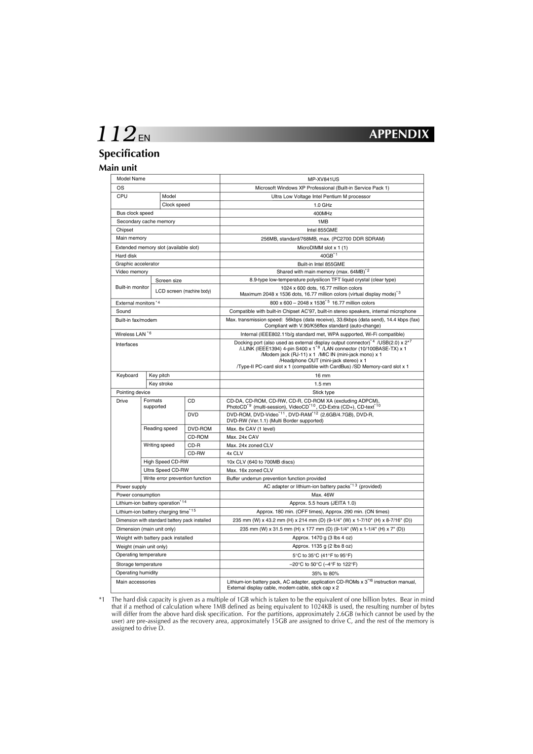 JVC MP-XV841US manual 112EN, Specification, Main unit 