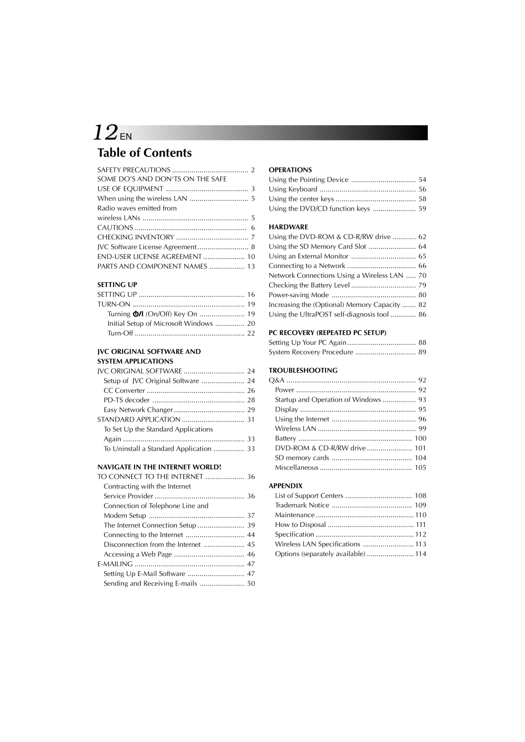 JVC MP-XV841US manual 12EN, Table of Contents 