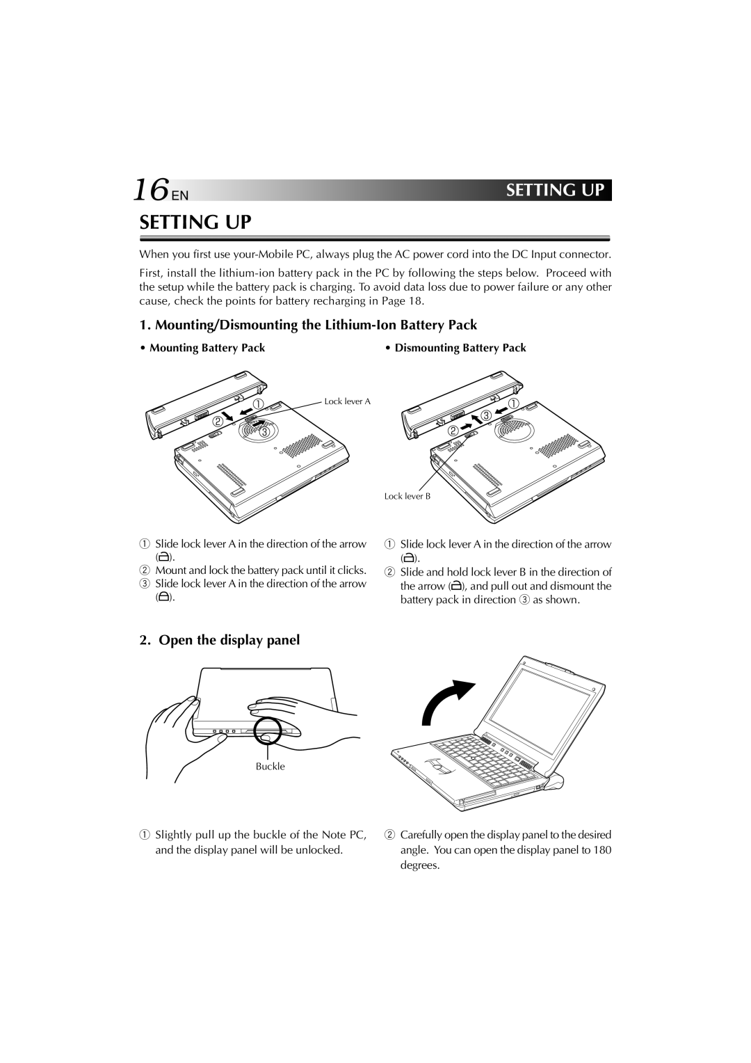 JVC MP-XV841US 16EN, Mounting/Dismounting the Lithium-Ion Battery Pack, Open the display panel, Mounting Battery Pack 