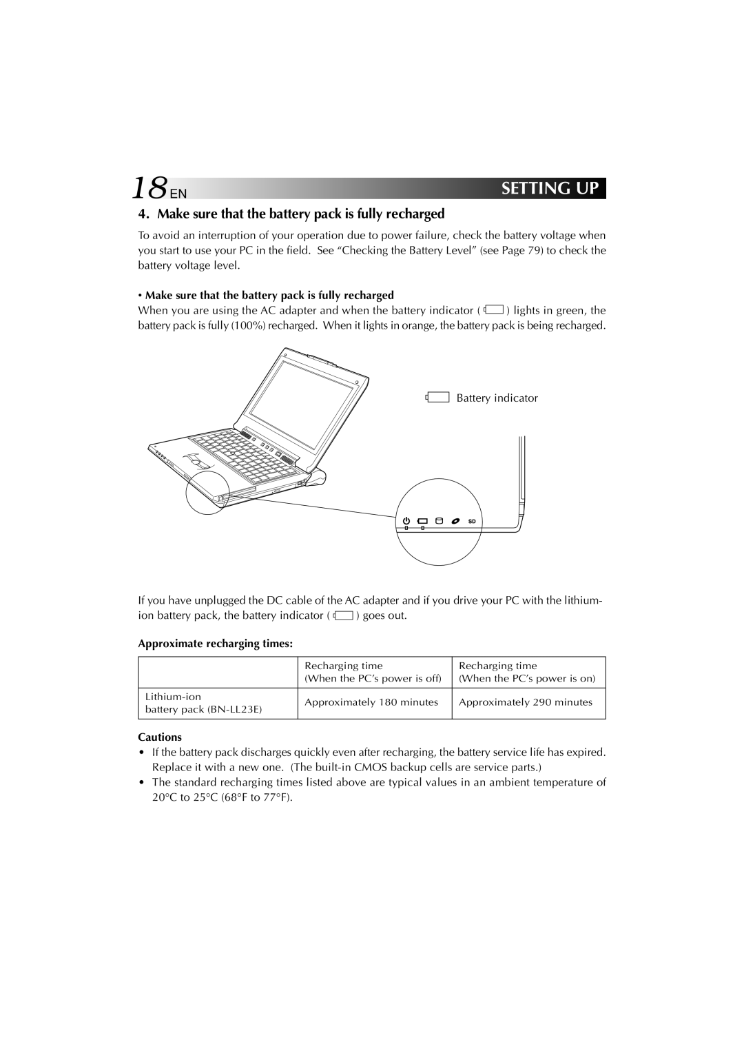 JVC MP-XV841US manual 18EN, Make sure that the battery pack is fully recharged, Approximate recharging times 