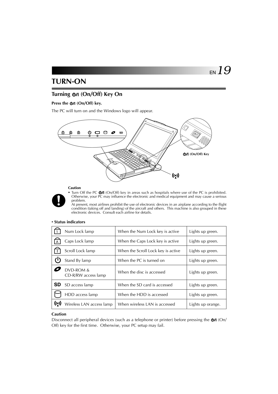 JVC MP-XV841US manual Turning On/Off Key On, Press the On/Off key, Status indicators 