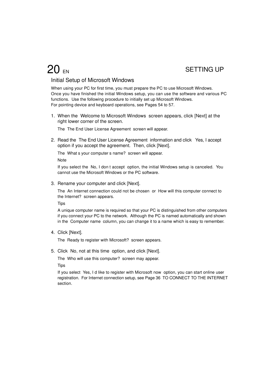 JVC MP-XV841US manual 20EN, Initial Setup of Microsoft Windows, Rename your computer and click Next, Click Next 