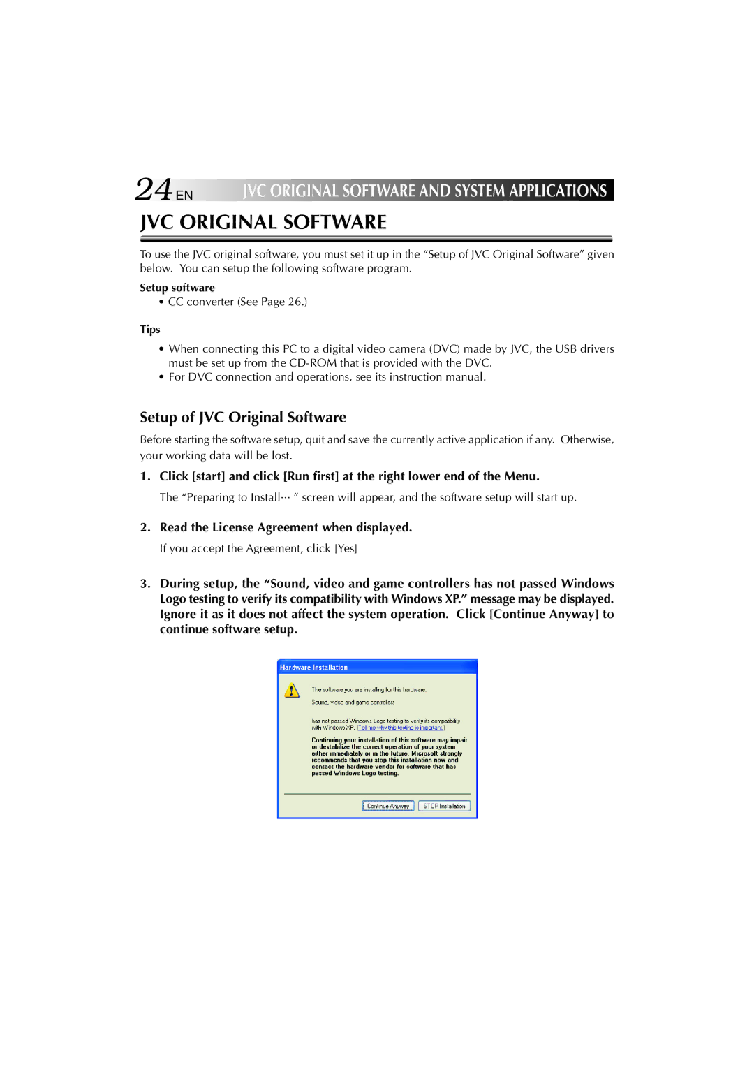 JVC MP-XV841US manual 24EN, Setup of JVC Original Software, Read the License Agreement when displayed, Setup software 