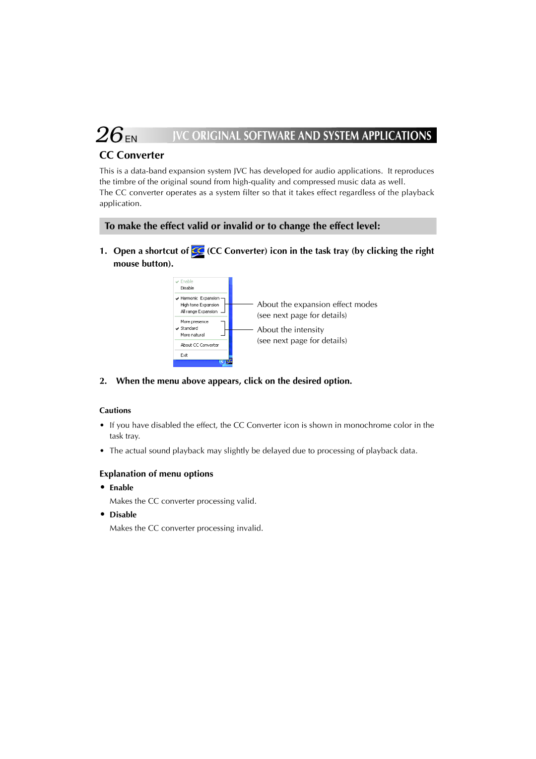 JVC MP-XV841US 26EN, CC Converter, When the menu above appears, click on the desired option, Explanation of menu options 