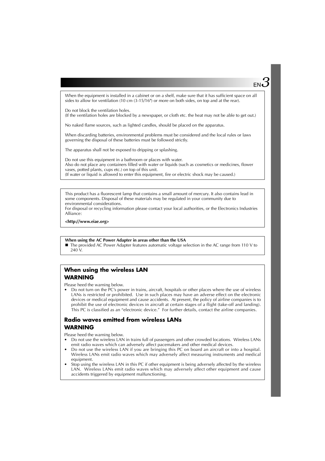 JVC MP-XV841US manual When using the wireless LAN, Radio waves emitted from wireless LANs 