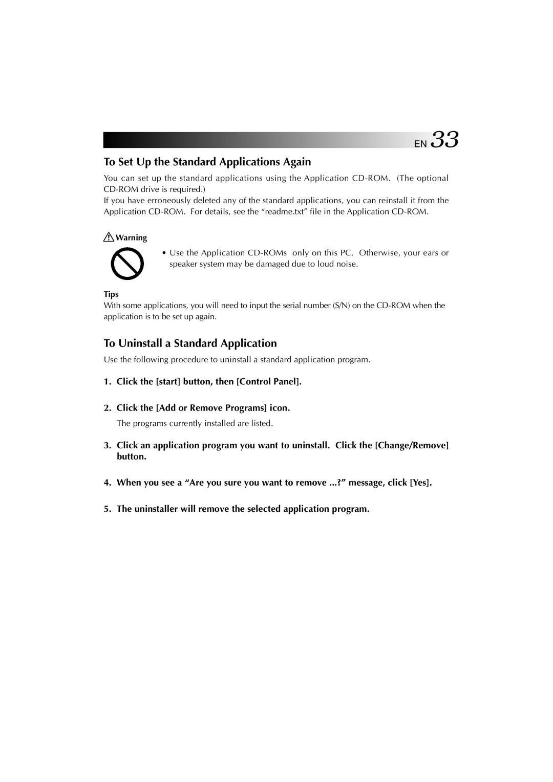 JVC MP-XV841US manual To Set Up the Standard Applications Again, To Uninstall a Standard Application 