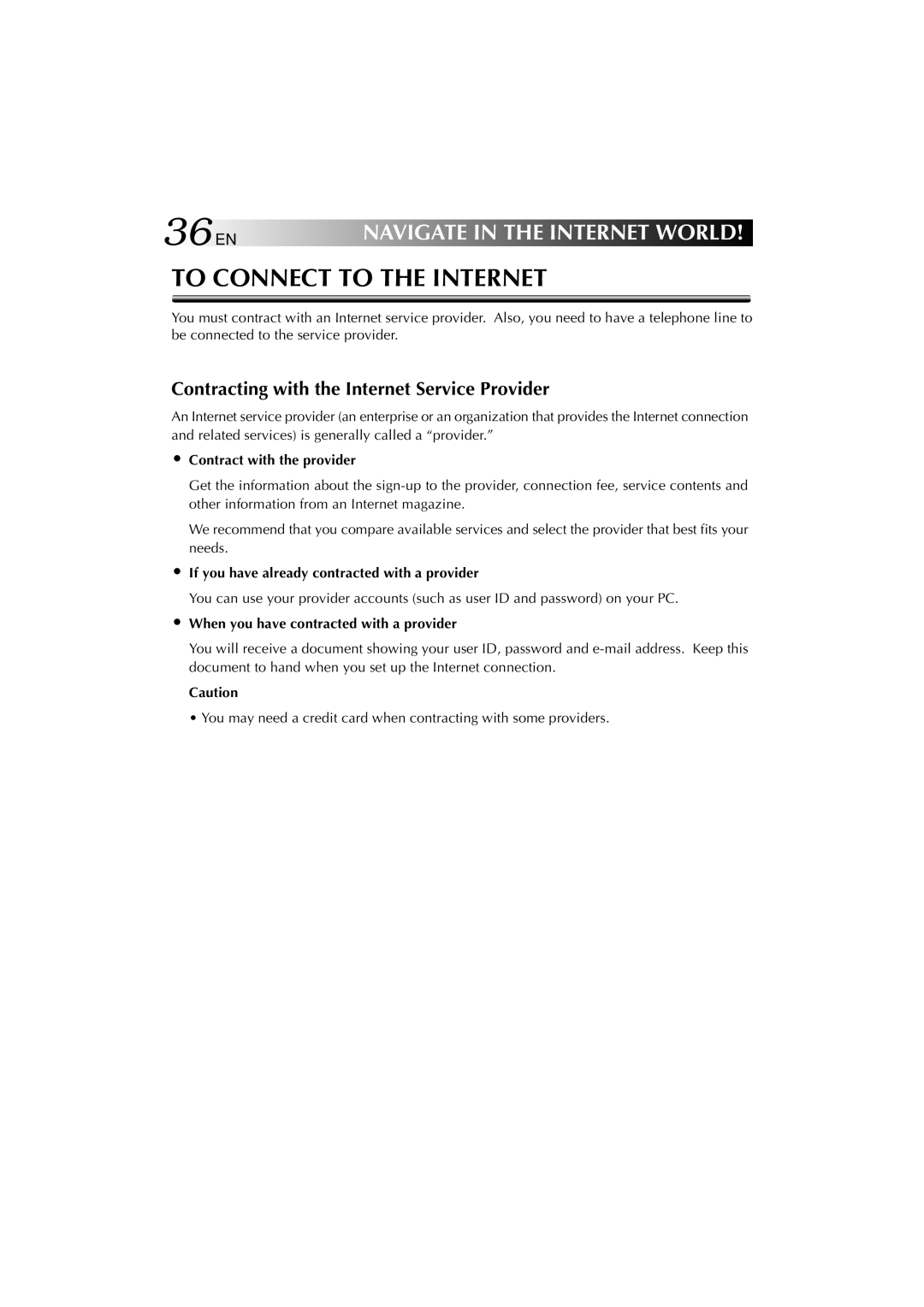 JVC MP-XV841US manual 36EN, Contracting with the Internet Service Provider, Contract with the provider 