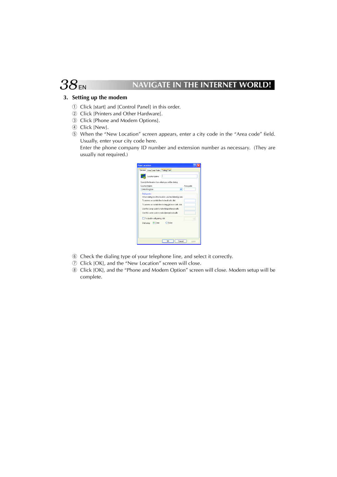 JVC MP-XV841US manual 38EN, Setting up the modem 