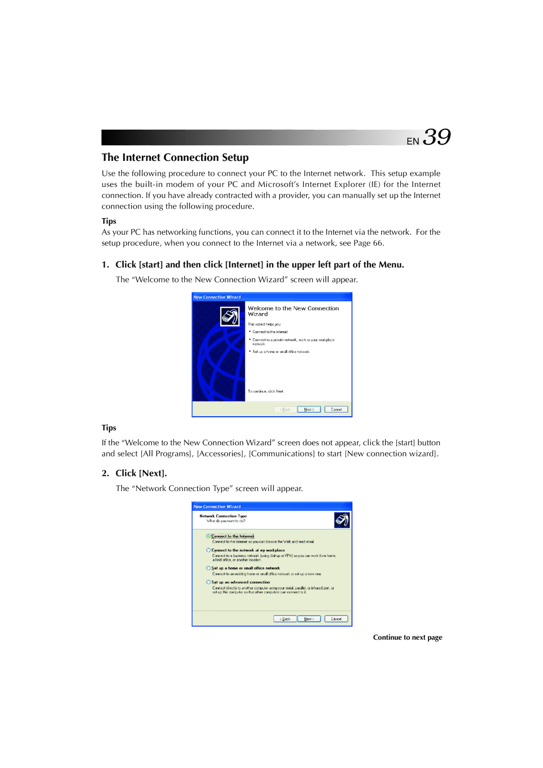 JVC MP-XV841US manual Internet Connection Setup, Click Next 