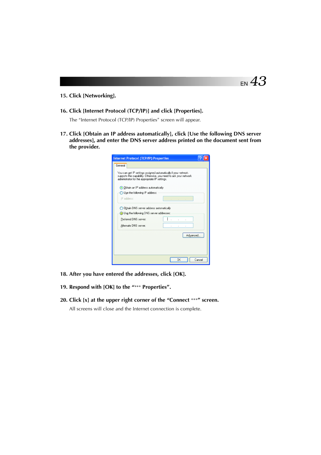 JVC MP-XV841US manual Internet Protocol TCP/IP Properties screen will appear 