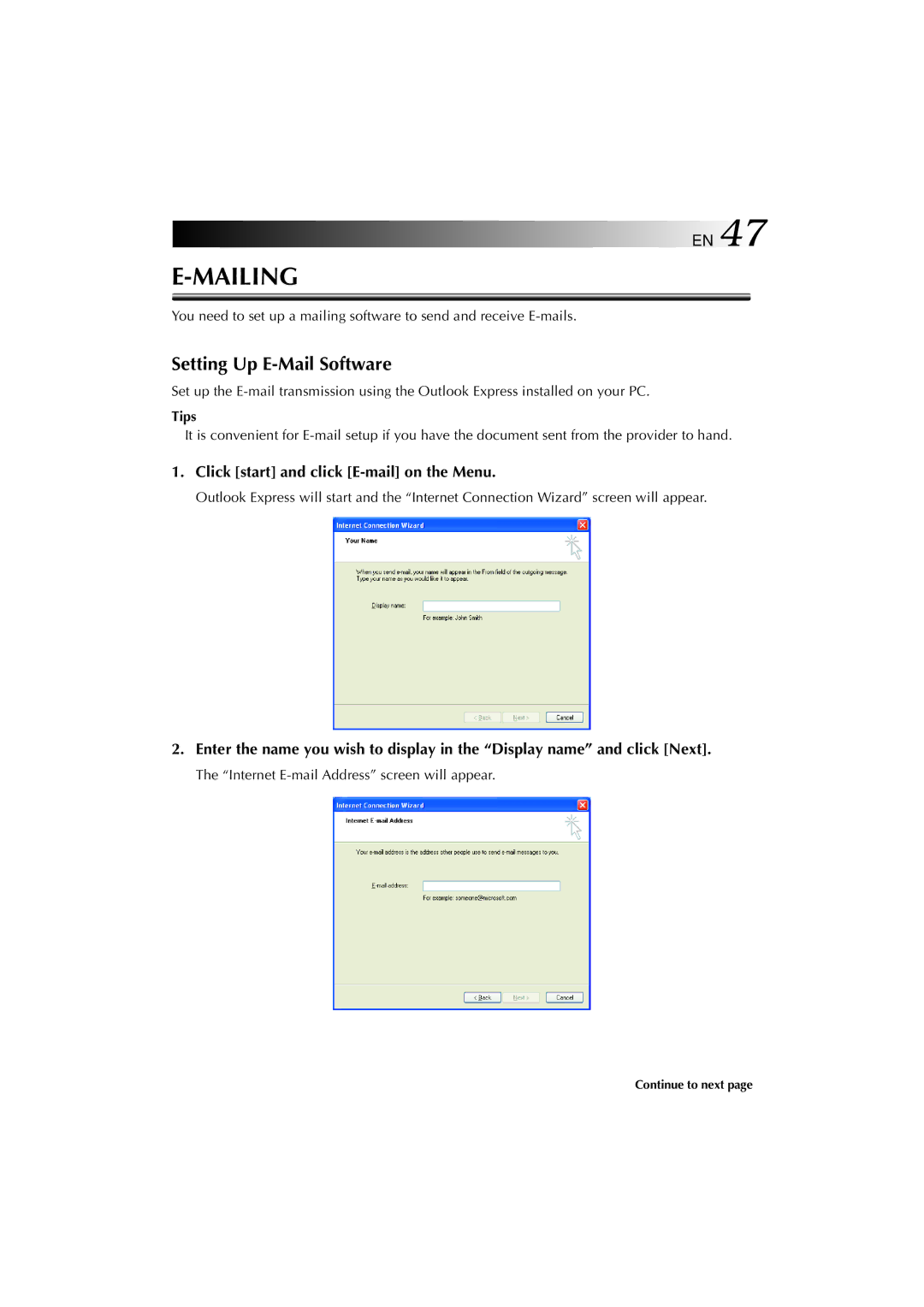 JVC MP-XV841US manual Setting Up E-Mail Software, Click start and click E-mail on the Menu 