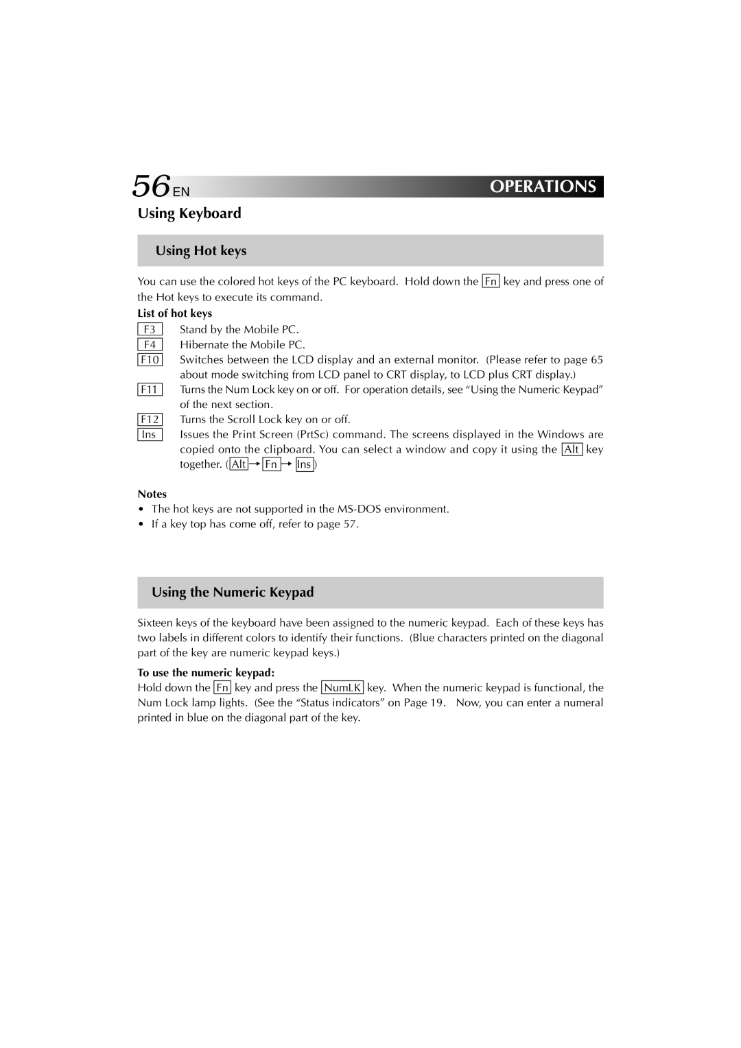 JVC MP-XV841US manual 56EN, Using Keyboard, Using Hot keys, Using the Numeric Keypad 