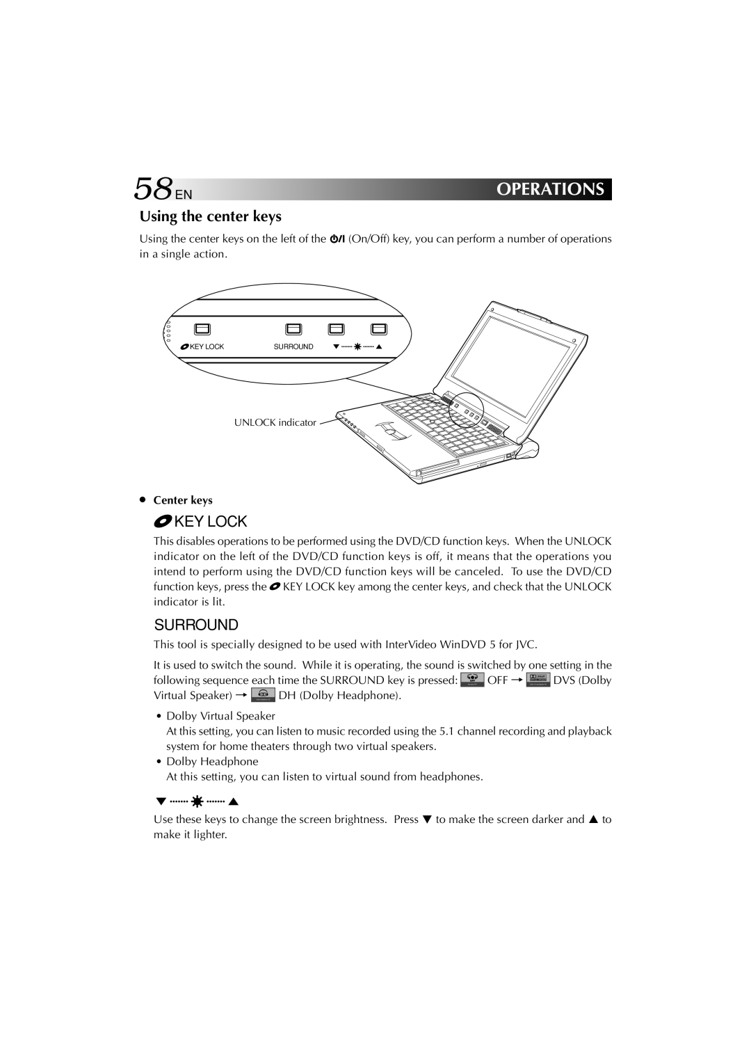 JVC MP-XV841US manual 58EN, Using the center keys, Center keys 