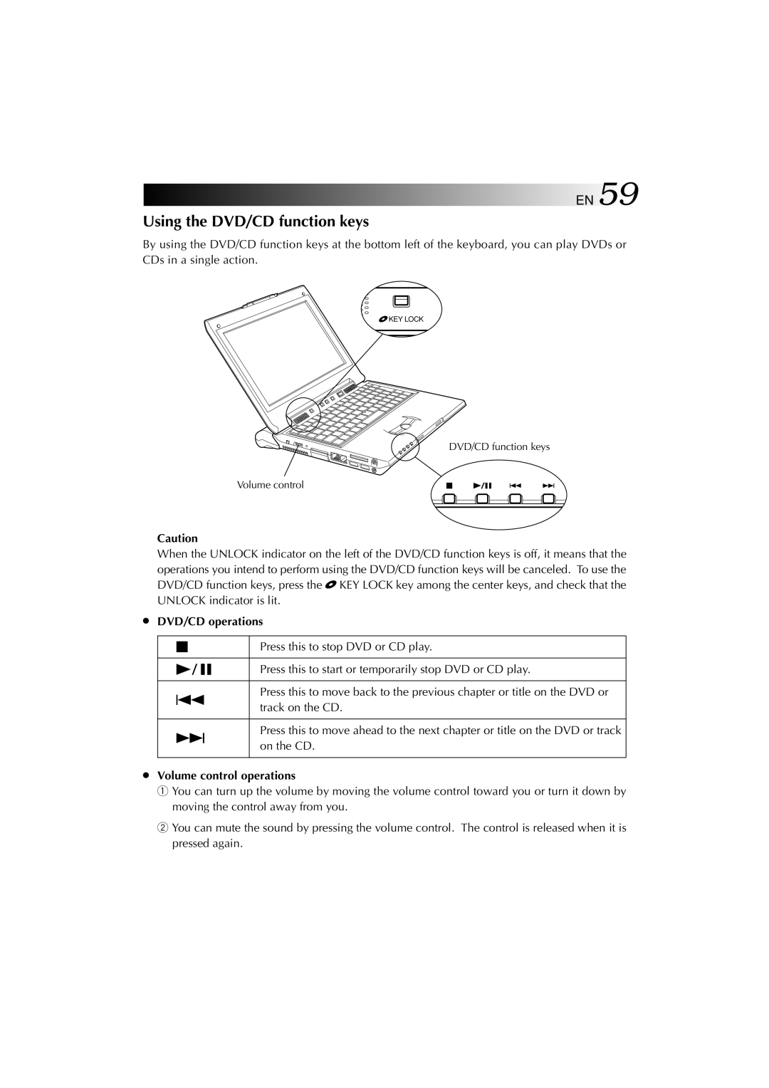 JVC MP-XV841US manual Using the DVD/CD function keys, DVD/CD operations, Volume control operations 