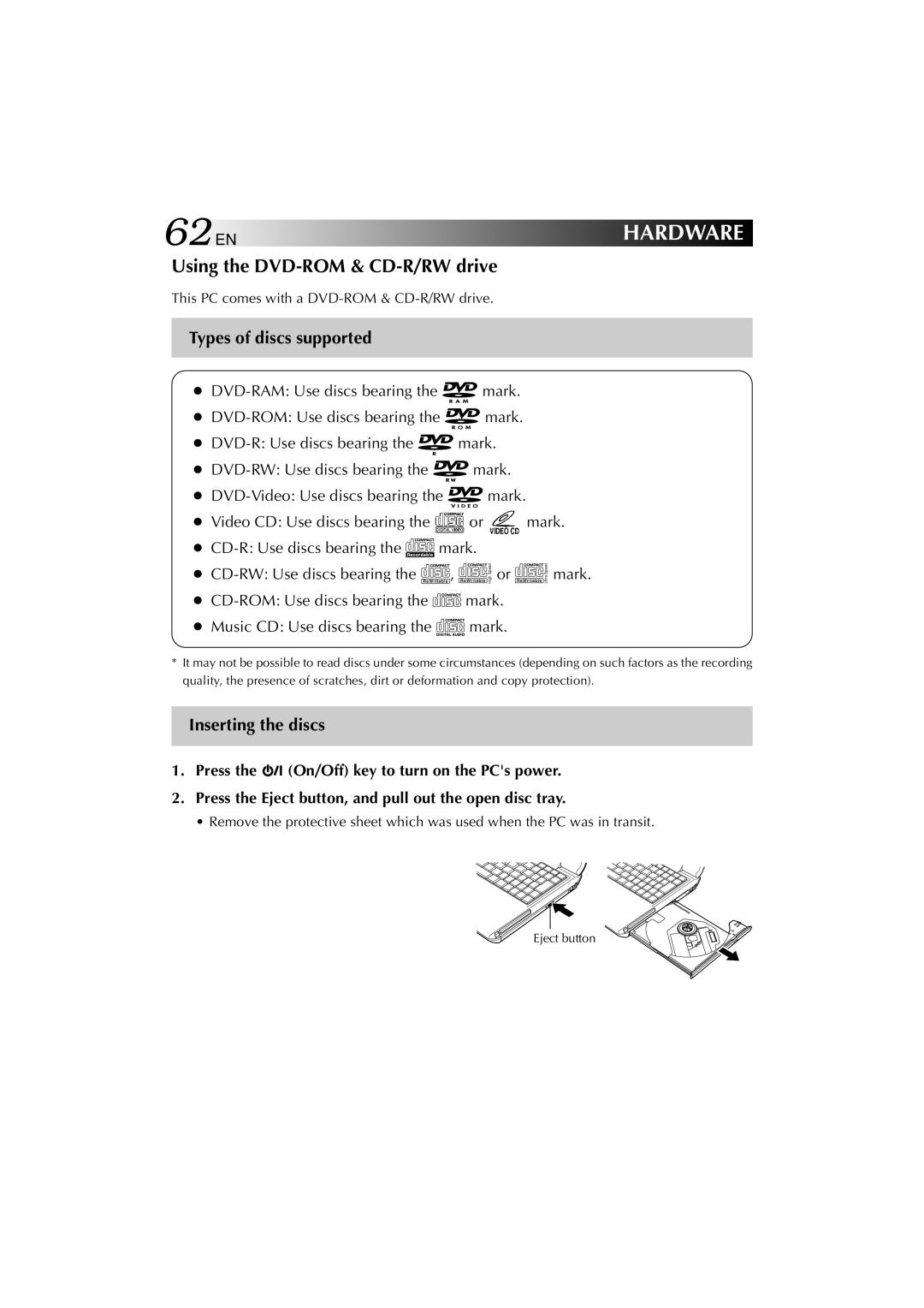 JVC MP-XV841US manual Using the DVD-ROM & CD-R/RW drive, Types of discs supported, Inserting the discs 