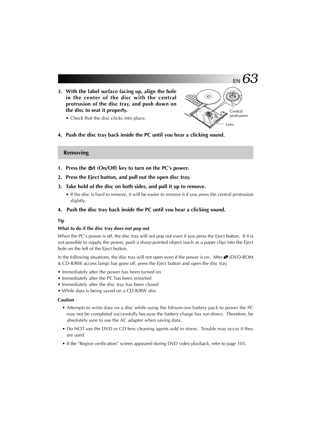 JVC MP-XV841US manual Removing, Tip What to do if the disc tray does not pop out 