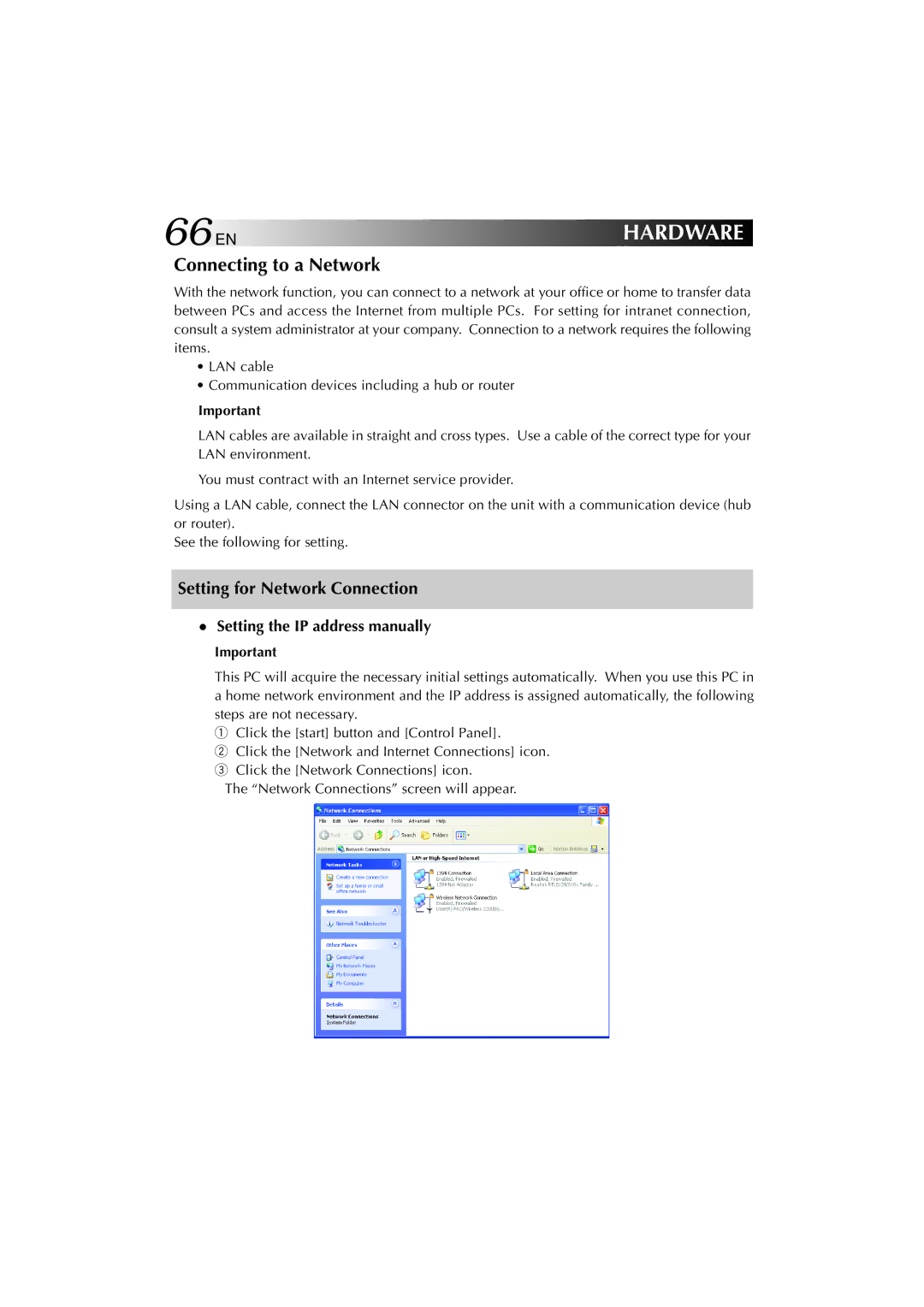 JVC MP-XV841US 66EN, Connecting to a Network, Setting for Network Connection, Setting the IP address manually 