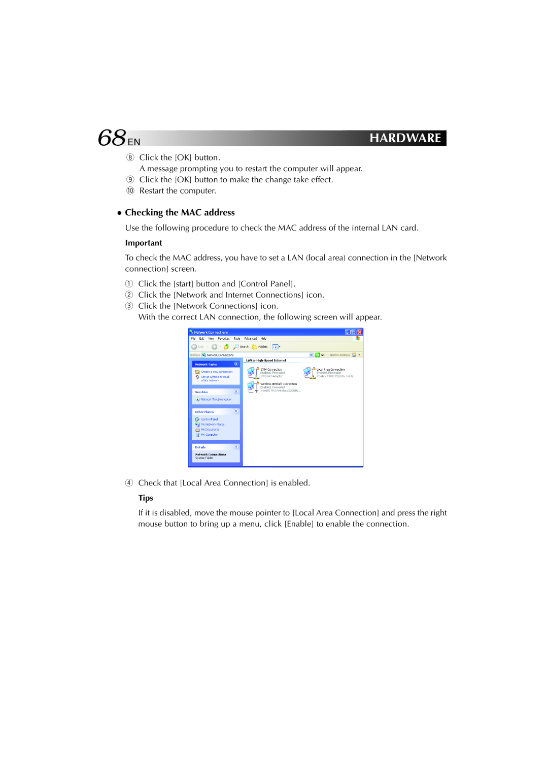 JVC MP-XV841US manual 68EN, Checking the MAC address 