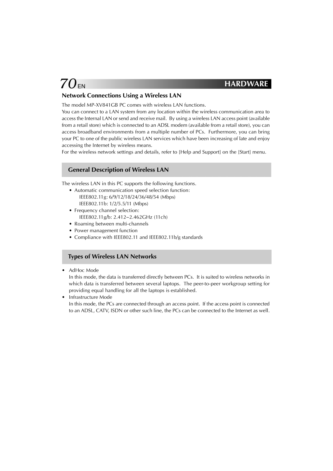 JVC MP-XV841US manual 70EN, Network Connections Using a Wireless LAN, General Description of Wireless LAN 