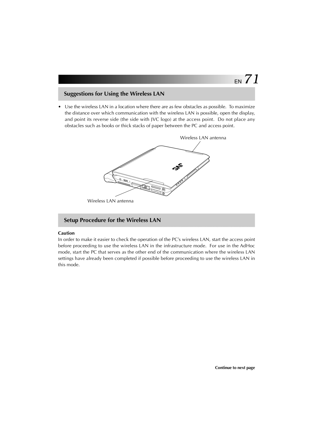 JVC MP-XV841US manual Suggestions for Using the Wireless LAN, Setup Procedure for the Wireless LAN 