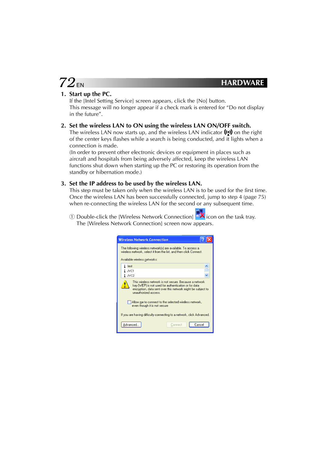 JVC MP-XV841US manual 72EN, Start up the PC, Set the IP address to be used by the wireless LAN 