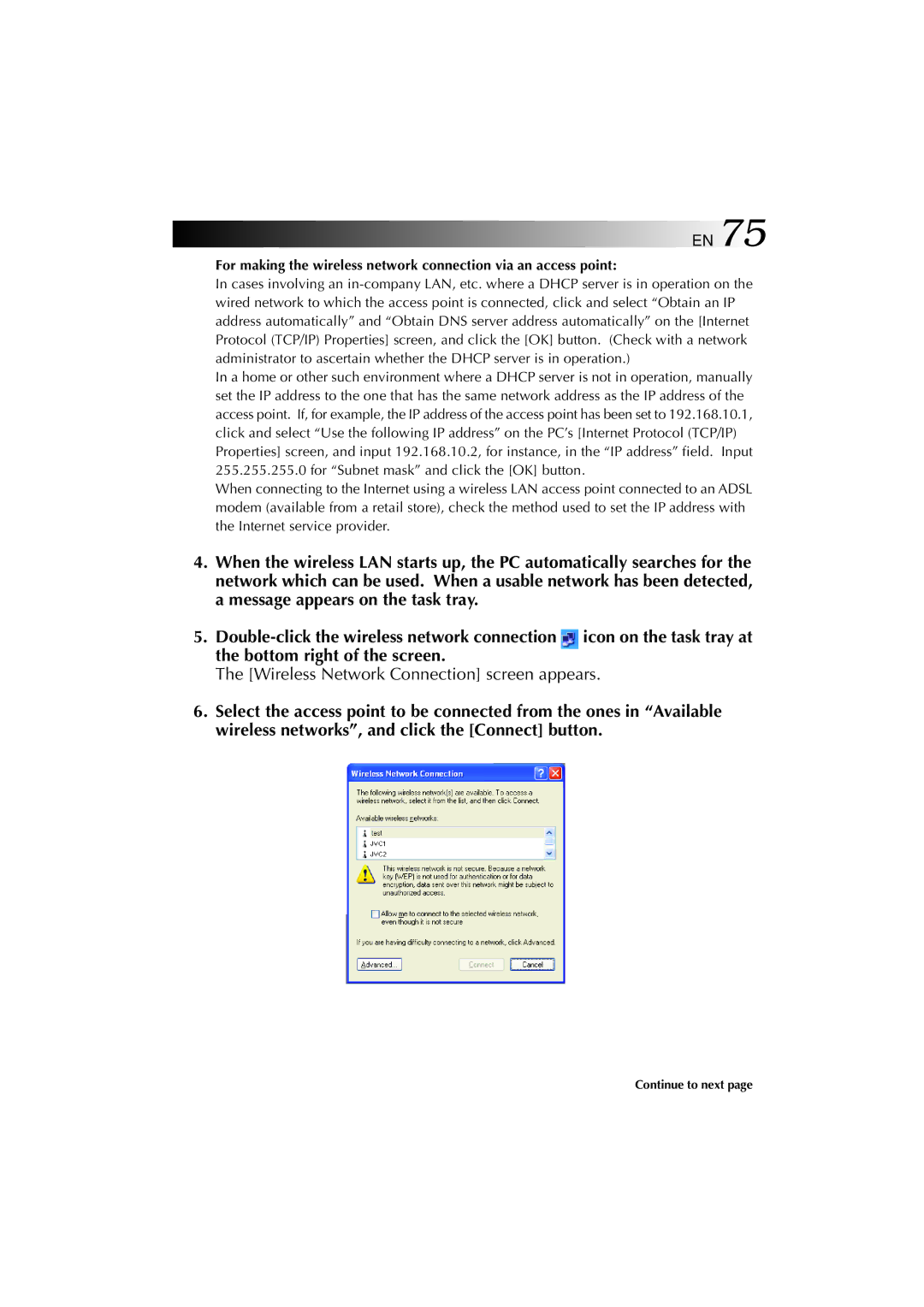 JVC MP-XV841US manual Wireless Network Connection screen appears 