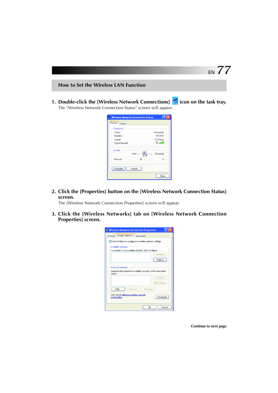 JVC MP-XV841US manual Wireless Network Connection Status screen will appear 