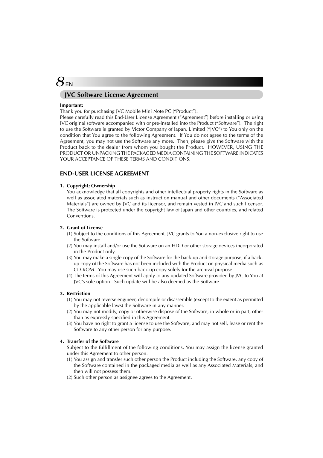 JVC MP-XV841US JVC Software License Agreement, Copyright Ownership Grant of License, Restriction, Transfer of the Software 