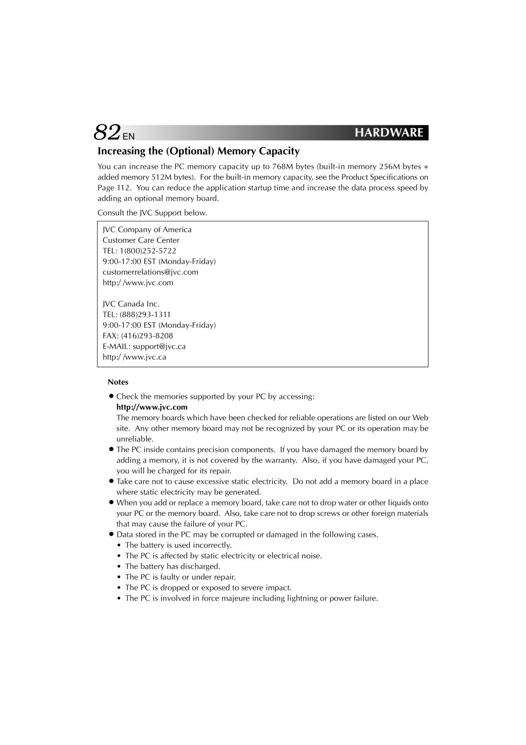 JVC MP-XV841US manual 82EN, Increasing the Optional Memory Capacity 