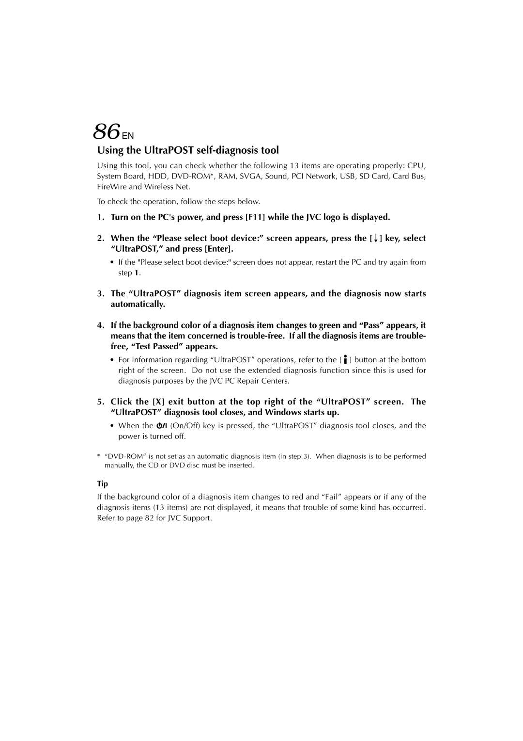 JVC MP-XV841US manual 86EN, Using the UltraPOST self-diagnosis tool 