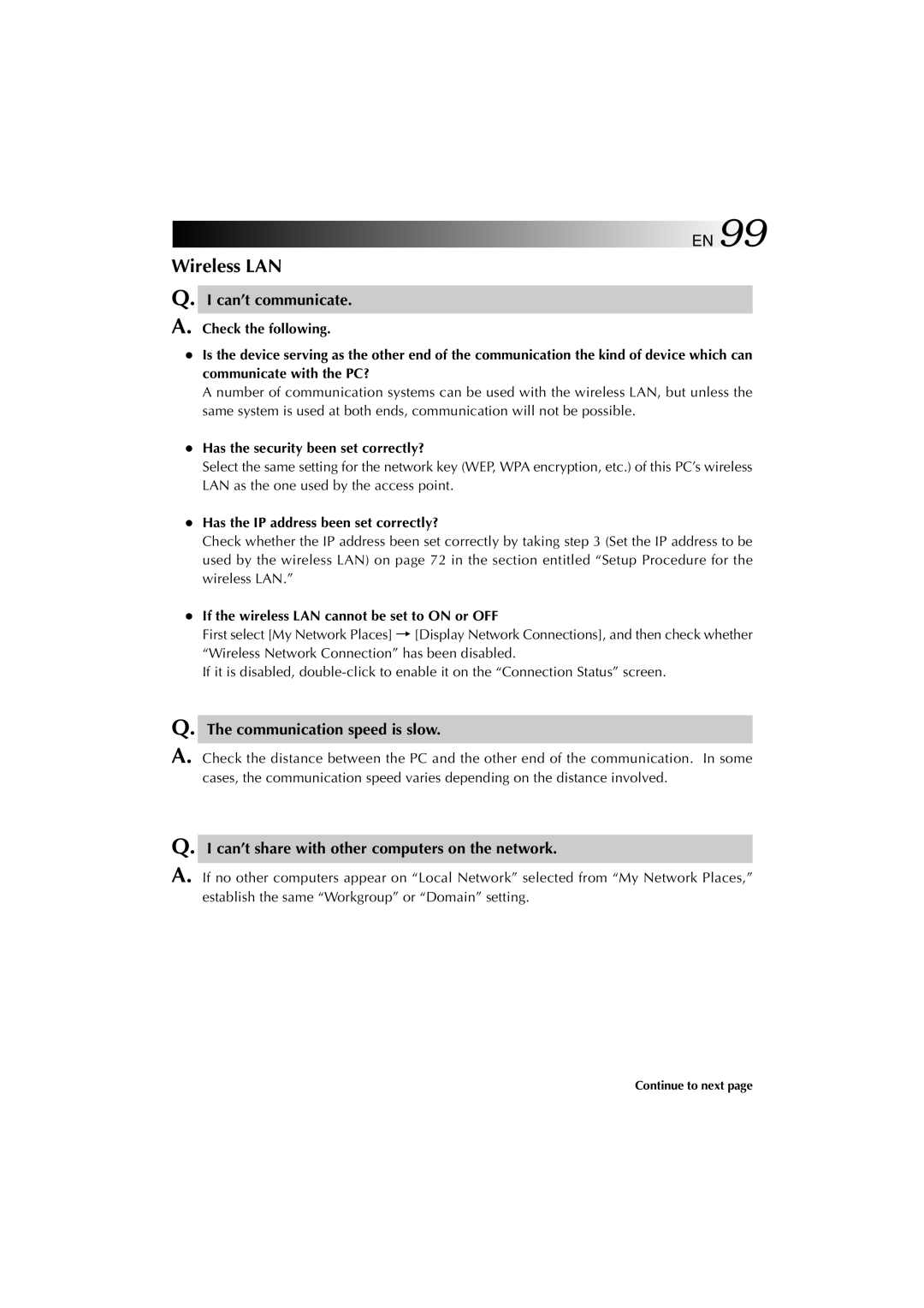 JVC MP-XV841US manual Wireless LAN, Has the security been set correctly?, Has the IP address been set correctly? 