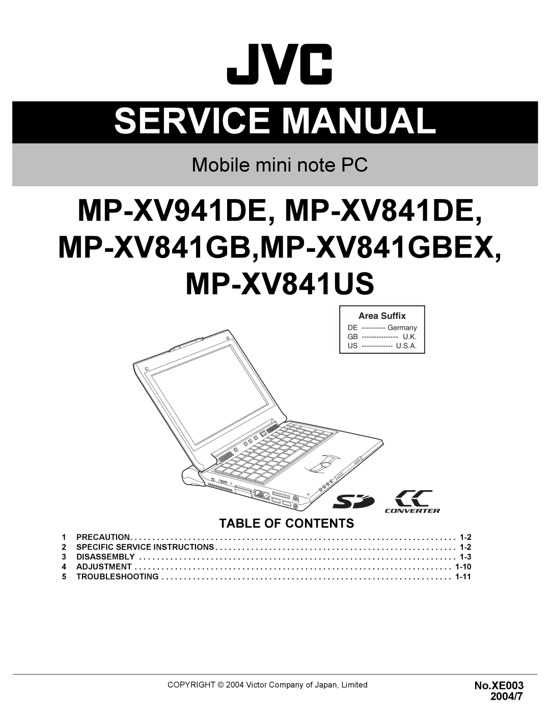 JVC service manual MP-XV941DE, MP-XV841DE, MP-XV841GB,MP-XV841GBEX, MP-XV841US 